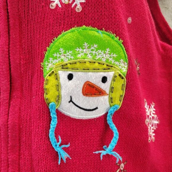 Carly St.Claire Woman Sweater Vest Red XL Full Zip Snowman Embroidered Beaded - Picture 10 of 12